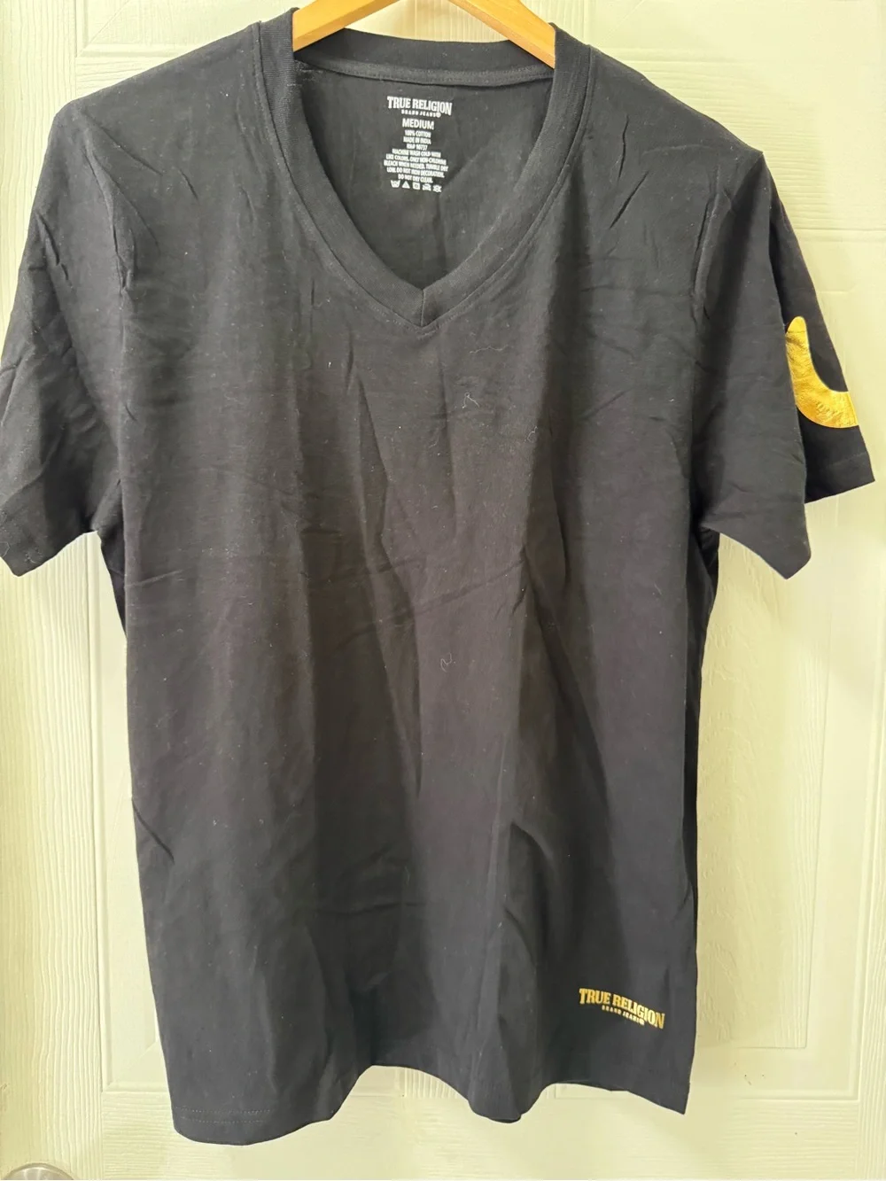 True Religion Black V-Neck Tee with Gold Accent